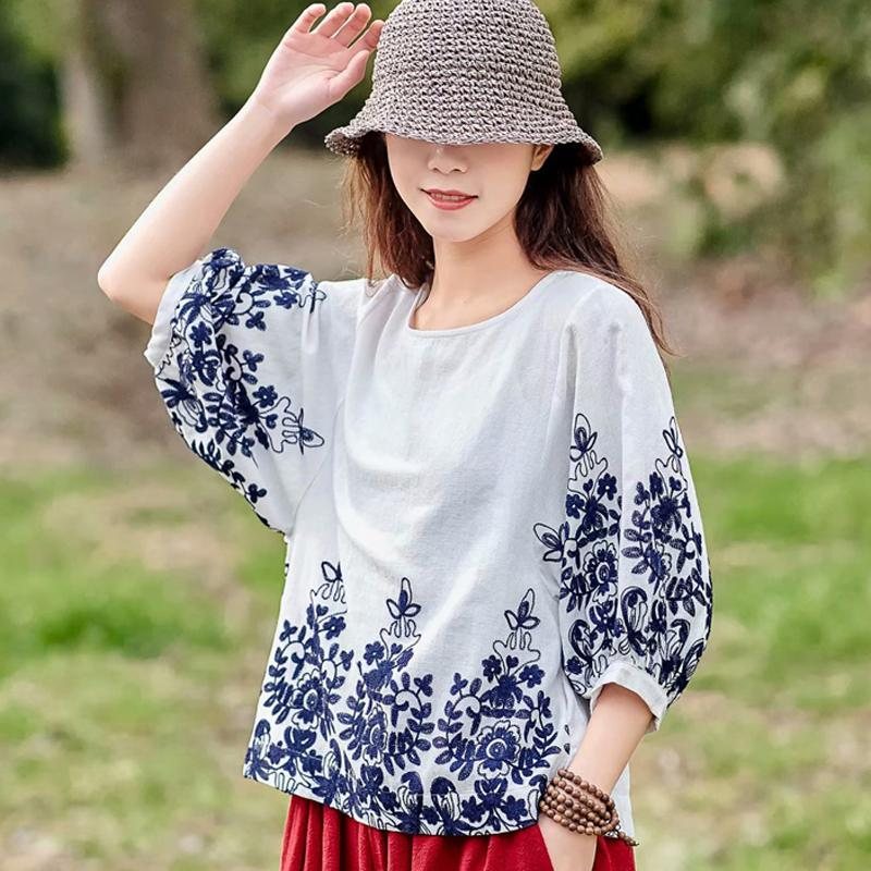 Lantern Erme Brodert Lin Løs Bluse