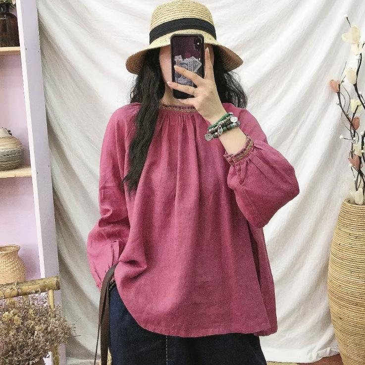 Linskjorte Mock Turtle Neck Løs Casual Dame Topp