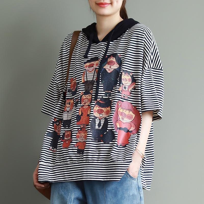 Loose Cartoon Print Half Sleeve Hettebluse