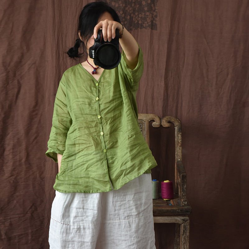 Løs Solid Summer Vintage Bluse For Dame