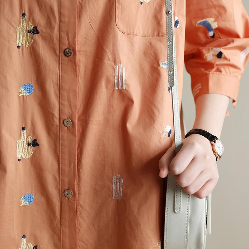 Løs Uformelt Broderi Oransje Mellomlang Skjortekjole