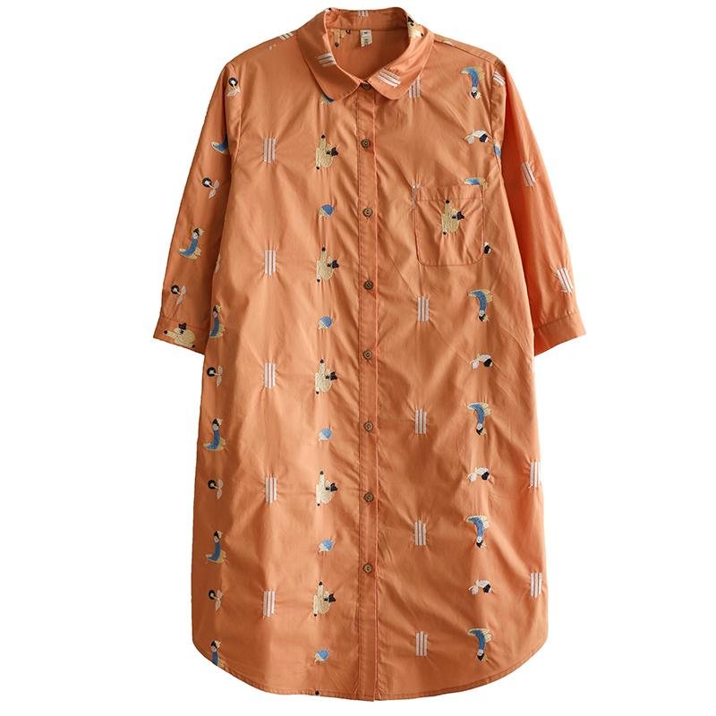 Løs Uformelt Broderi Oransje Mellomlang Skjortekjole