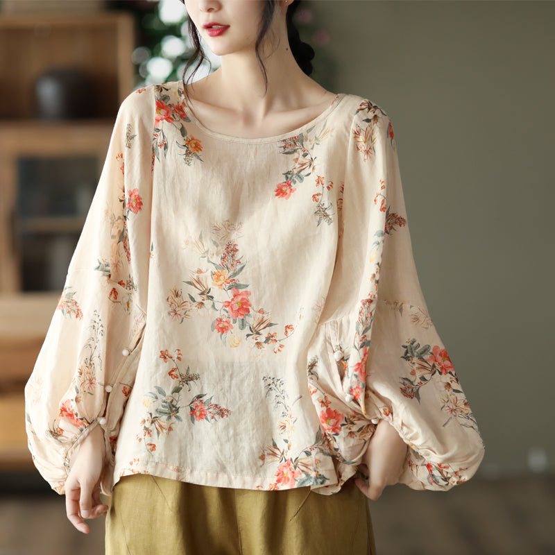 Plus Size Dame Vår Løs Linen Blomster Bluse