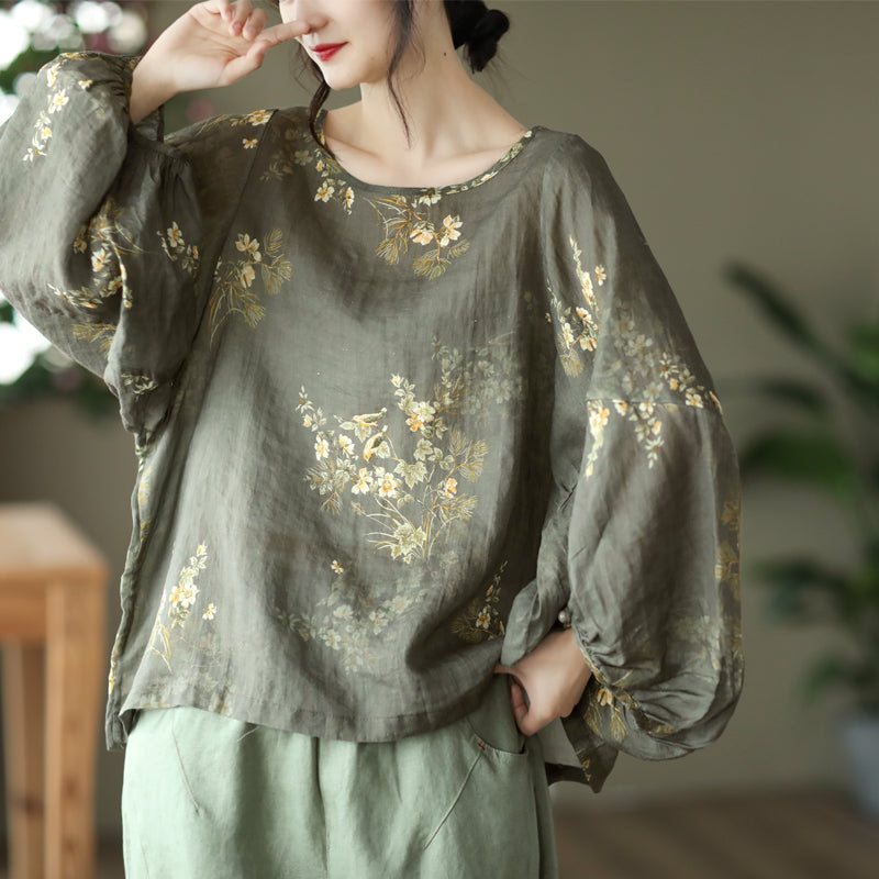 Plus Size Dame Vår Løs Linen Blomster Bluse