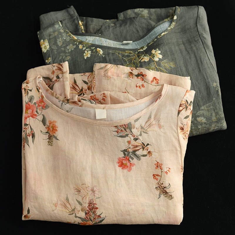 Plus Size Dame Vår Løs Linen Blomster Bluse
