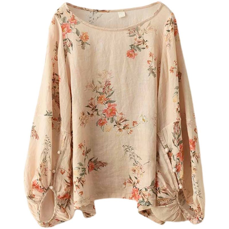 Plus Size Dame Vår Løs Linen Blomster Bluse