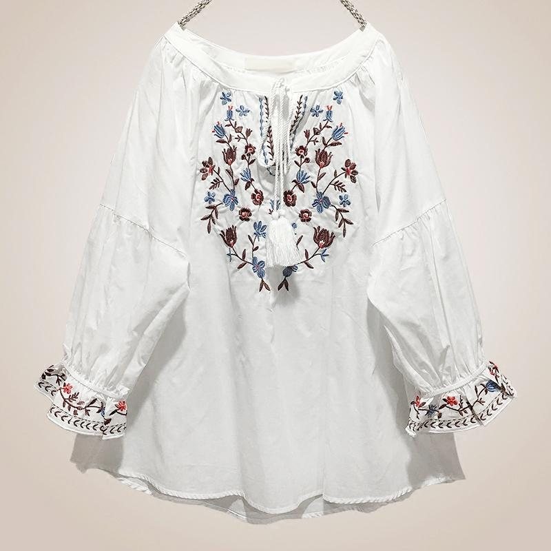Plus Size Vår Høst Retro Broderi Løs Skjorte