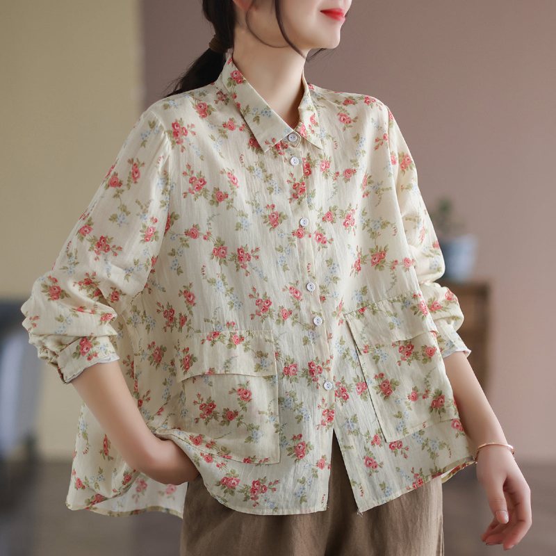 Retro Lin Dame Blomstret Løs Casual Bluse