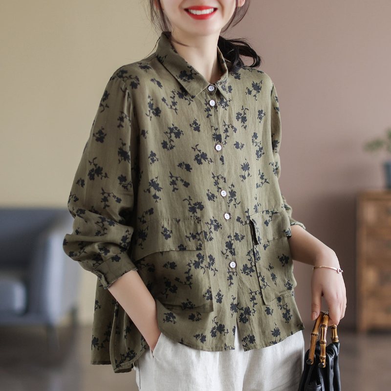 Retro Lin Dame Blomstret Løs Casual Bluse