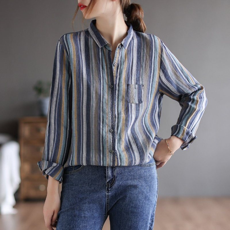 Retro Lin Langermet Loose Stripe Bluse