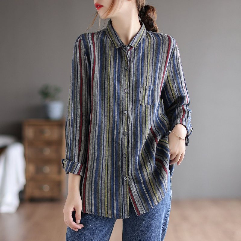 Retro Lin Langermet Loose Stripe Bluse