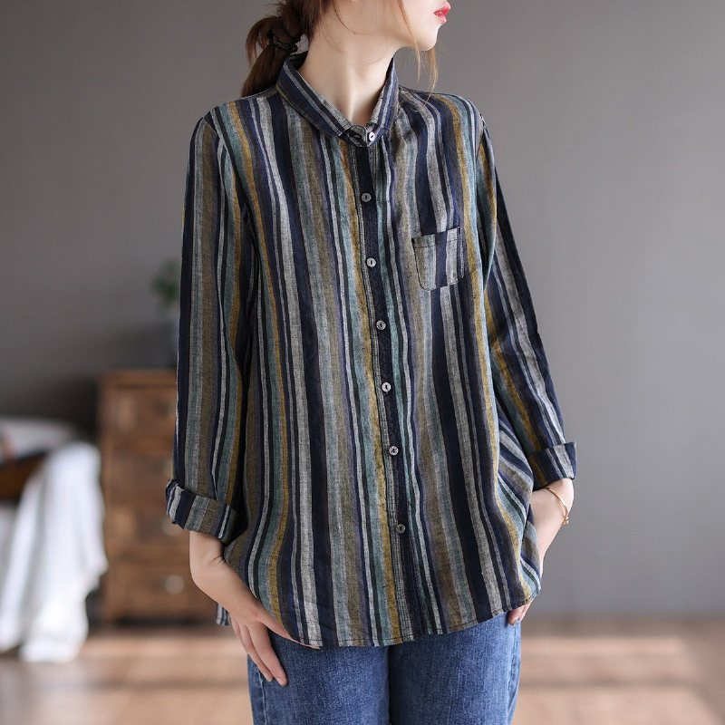 Retro Lin Langermet Loose Stripe Bluse