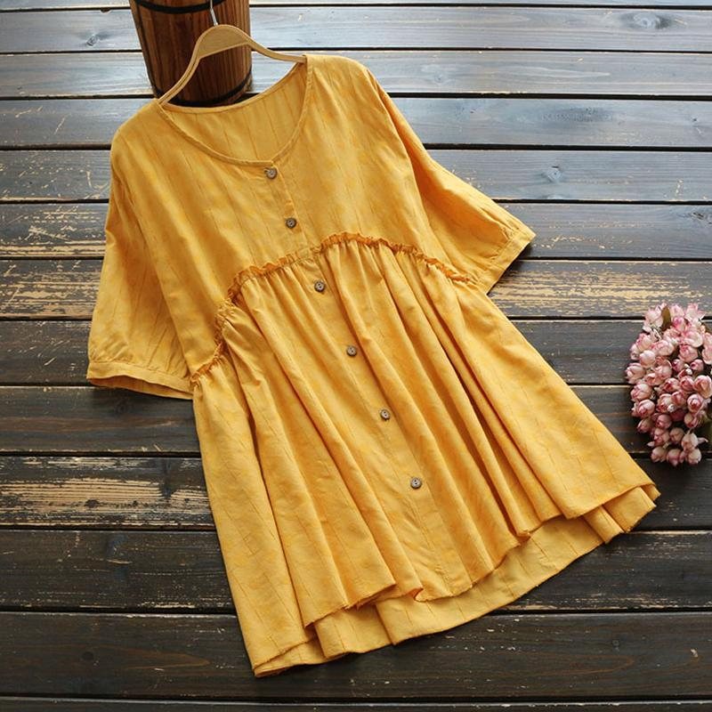 Solid Bluse Med Volanger Og Knapper