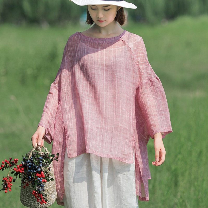 Solid Slit Høy Lav Casual Linbluse