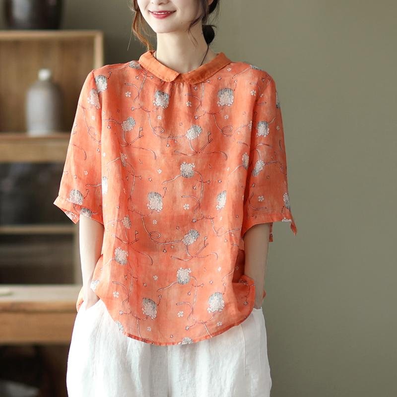 Sommer Dame Retro Floral Løs Linskjorte