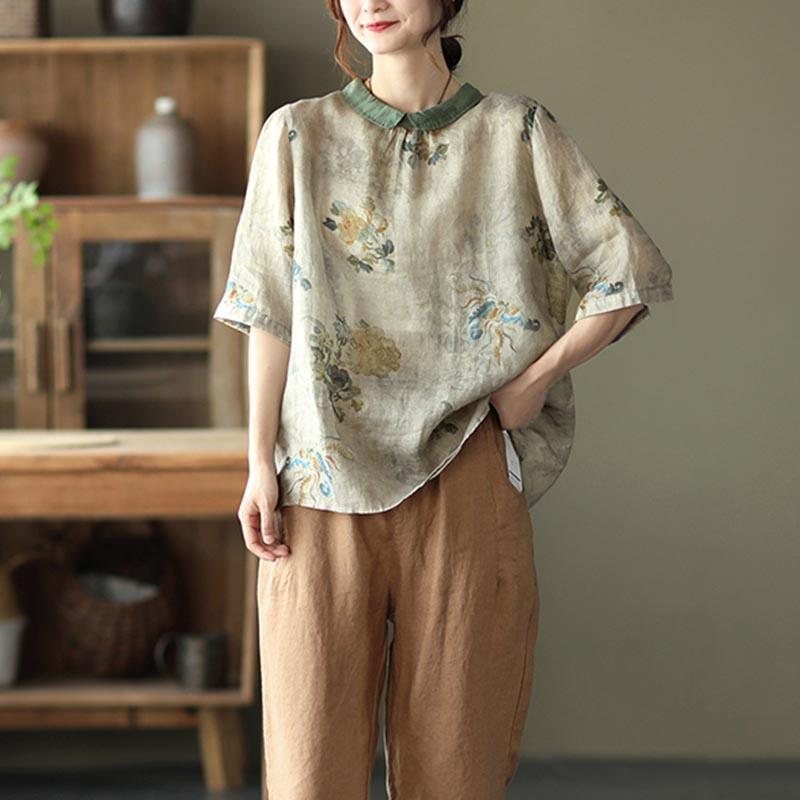 Sommer Dame Retro Floral Løs Linskjorte