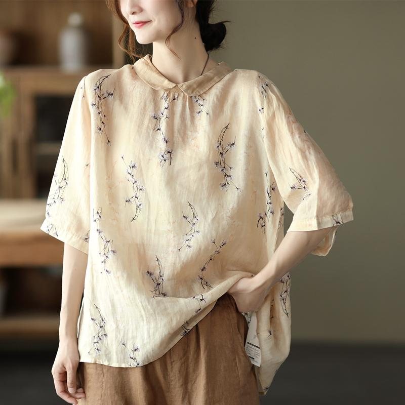 Sommer Dame Retro Floral Løs Linskjorte