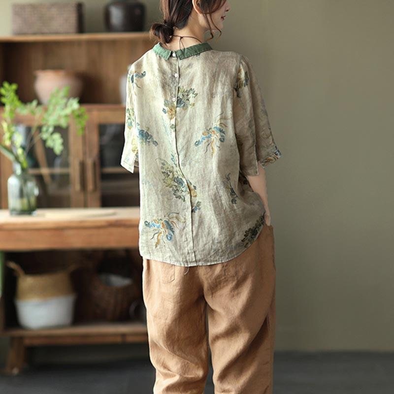 Sommer Dame Retro Floral Løs Linskjorte