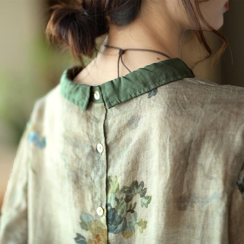 Sommer Dame Retro Floral Løs Linskjorte