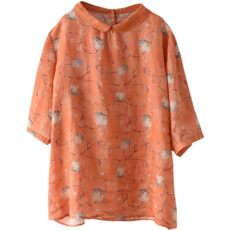 Sommer Dame Retro Floral Løs Linskjorte
