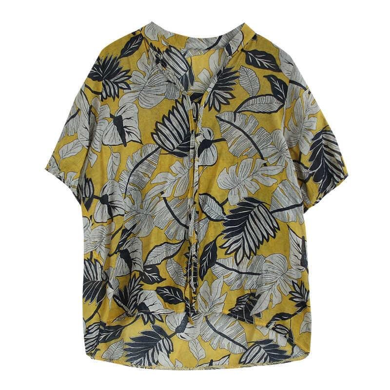 Sommer V-hals Midt-ermet Retro Printet Blomsterskjorte