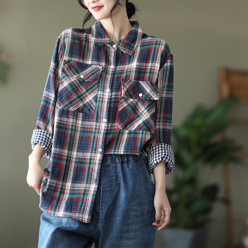 Spring Casual Løs Retro Langermet Rutete Bluse