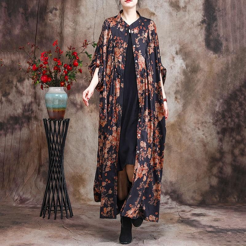 Spring Plus Size Flaggermus-ermet Trykt Blomsterskjortekjole