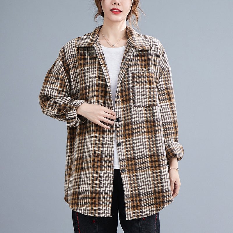 Spring Retro Casual Langermet Løs Rutete Skjorte