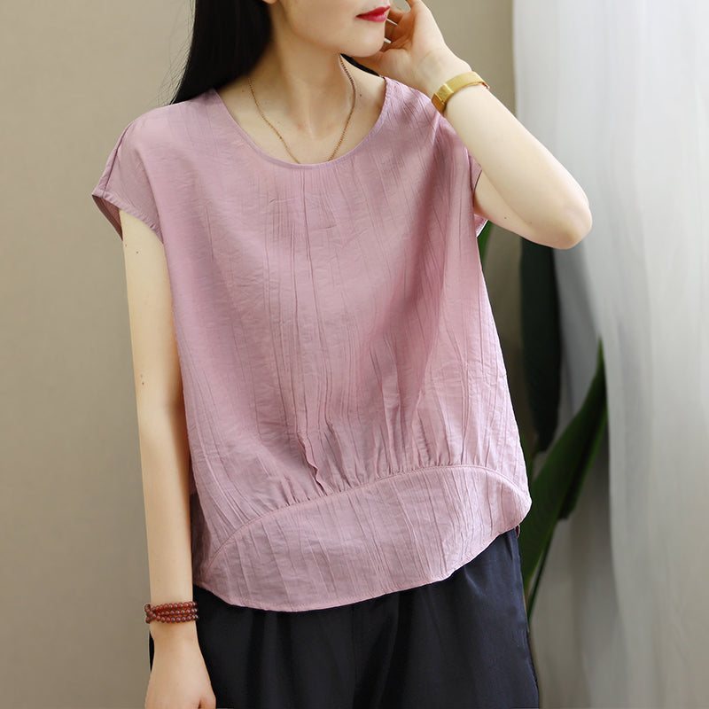 Summer Retro Kortermet Plissert Patchwork T-skjorte