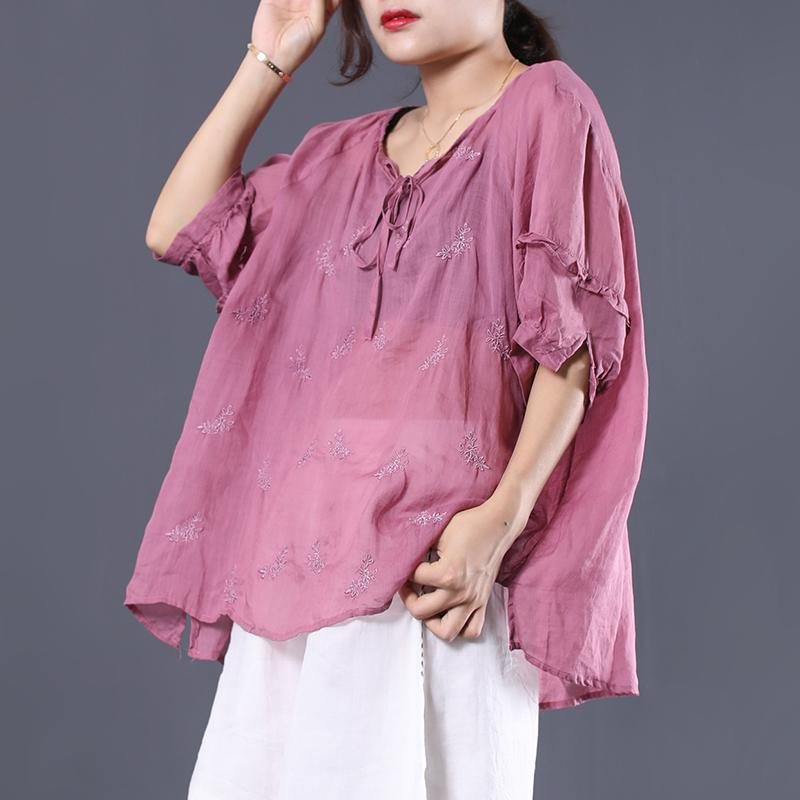 Tie Up Brodery Uregelmessig Løs Casual Linen Bluse