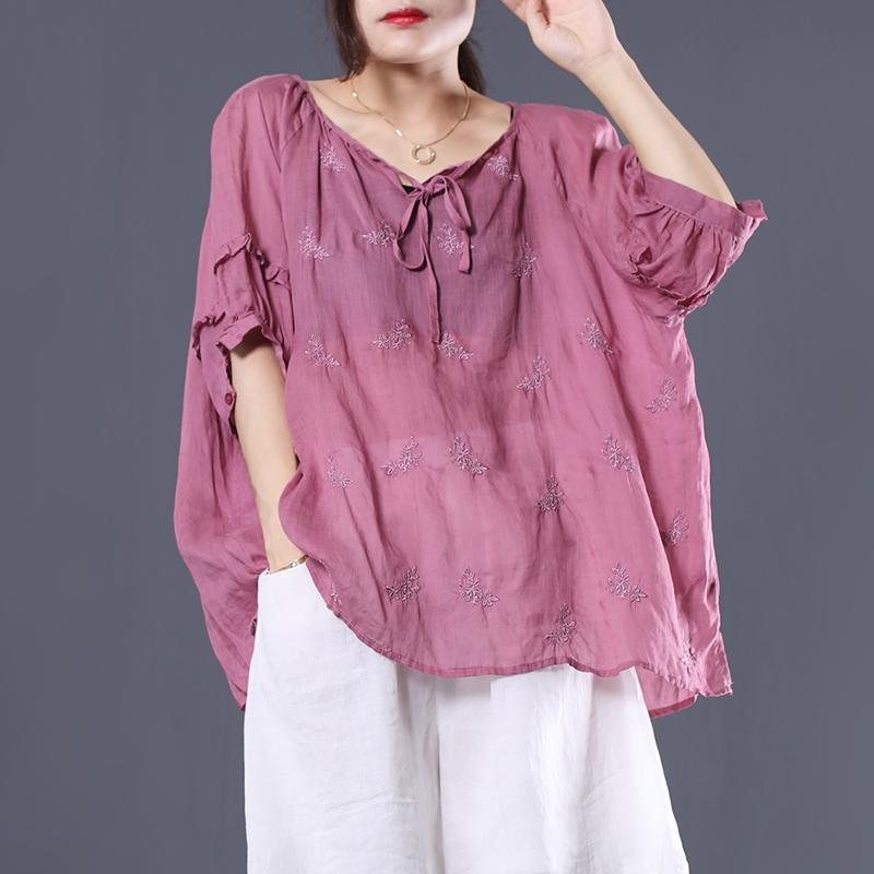 Tie Up Brodery Uregelmessig Løs Casual Linen Bluse