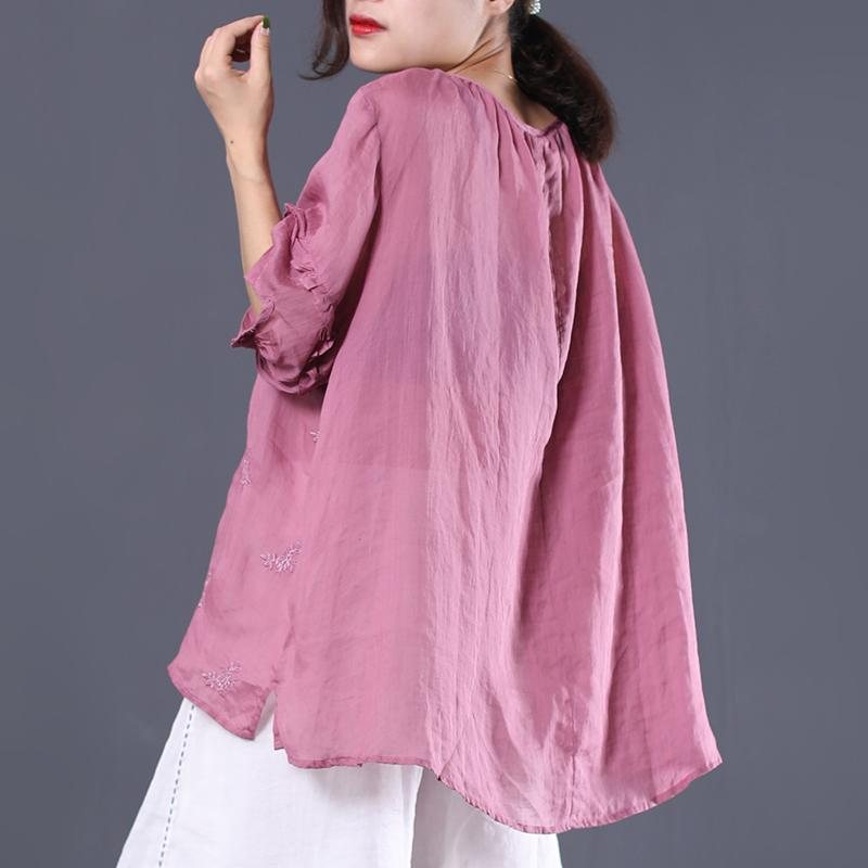 Tie Up Brodery Uregelmessig Løs Casual Linen Bluse