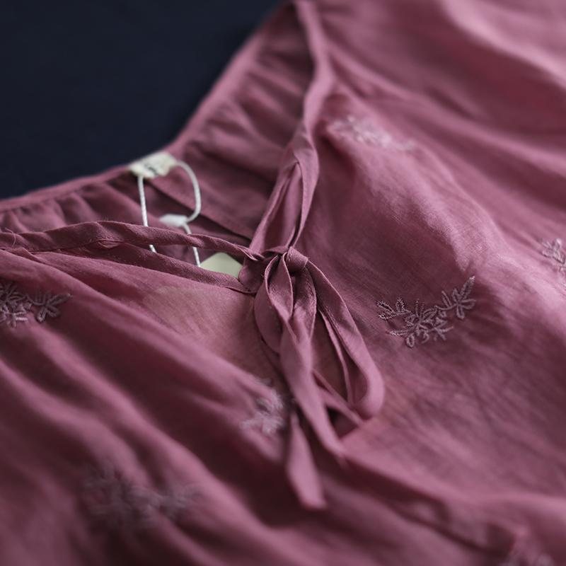 Tie Up Brodery Uregelmessig Løs Casual Linen Bluse