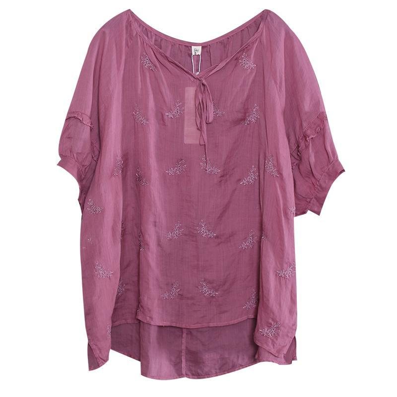 Tie Up Brodery Uregelmessig Løs Casual Linen Bluse