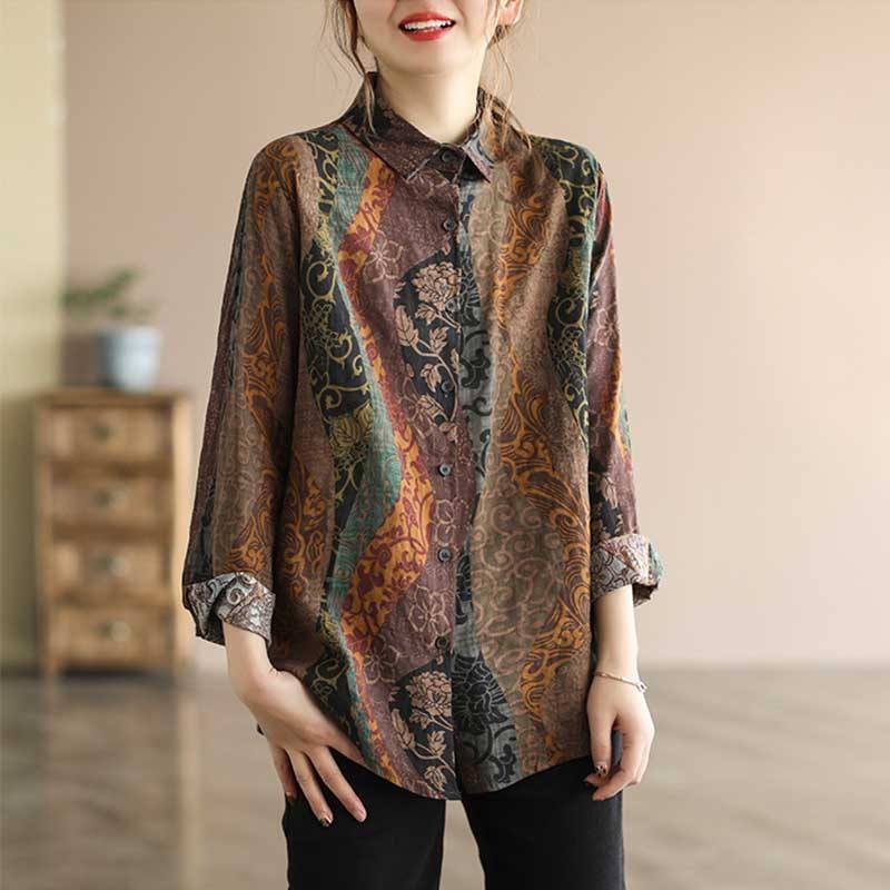 Vår Dame Retro Floral Silke Lin Bluse