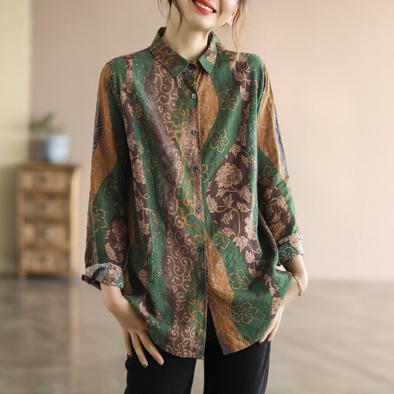 Vår Dame Retro Floral Silke Lin Bluse