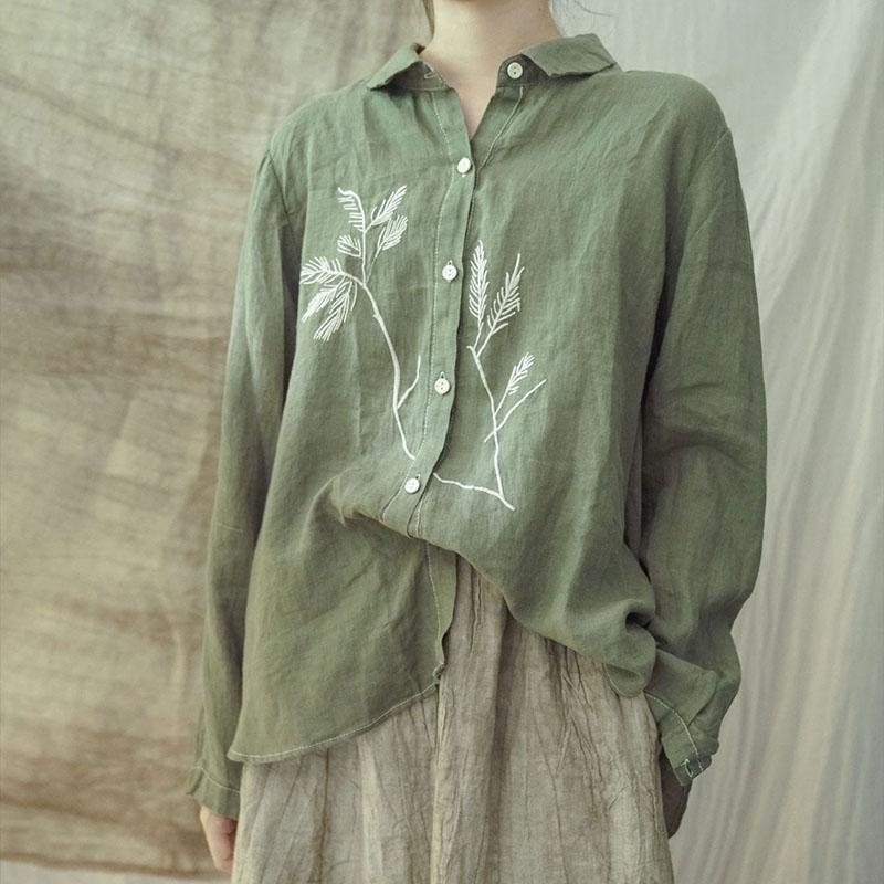 Vår Høst Casual Retro Blomster Broderi Lin Bluse