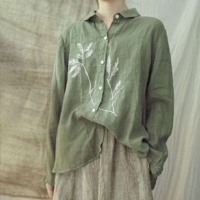Vår Høst Casual Retro Blomster Broderi Lin Bluse