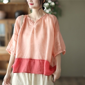 Vår Sommer Dame V-hals Lin Patchwork Bluse