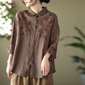 Våren Linen Blomsterbroderi Retro Løs Bluse
