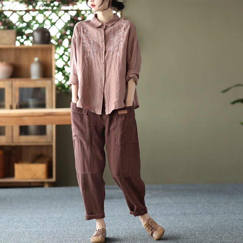 Våren Linen Blomsterbroderi Retro Løs Bluse