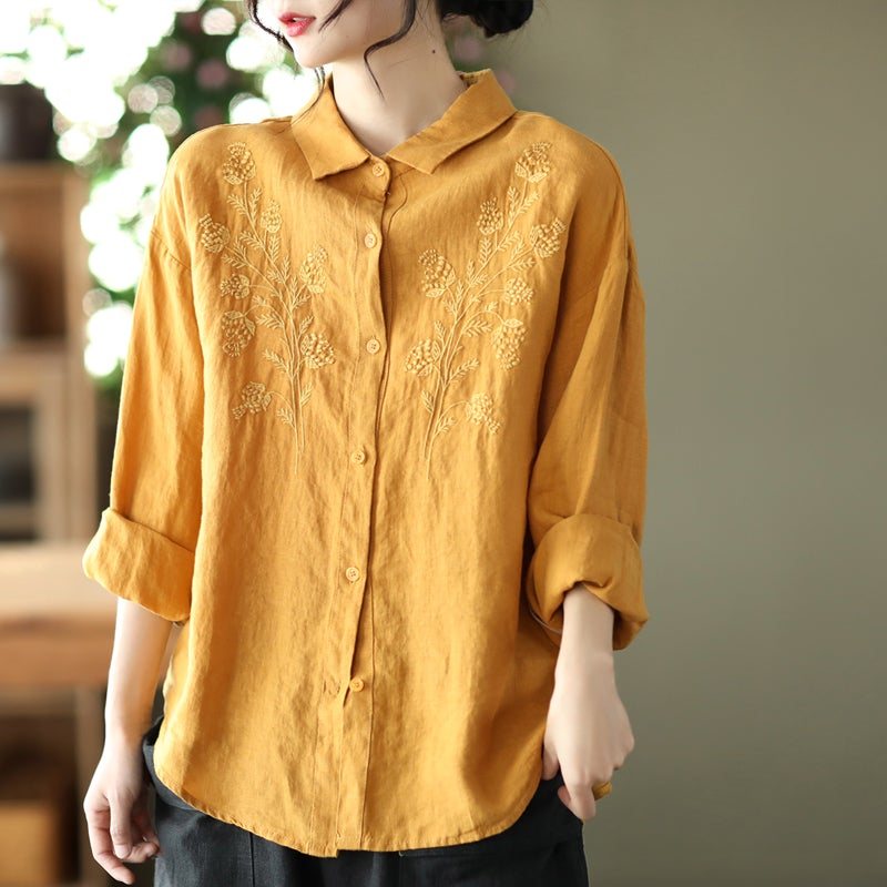 Våren Linen Blomsterbroderi Retro Løs Bluse