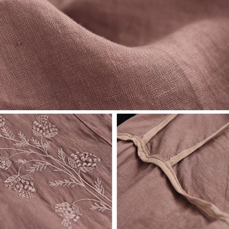 Våren Linen Blomsterbroderi Retro Løs Bluse