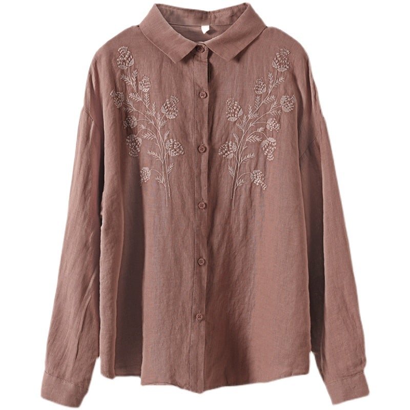 Våren Linen Blomsterbroderi Retro Løs Bluse