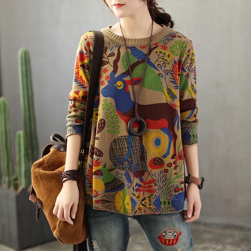 Vintage Bluse Med Løst Dyremønster