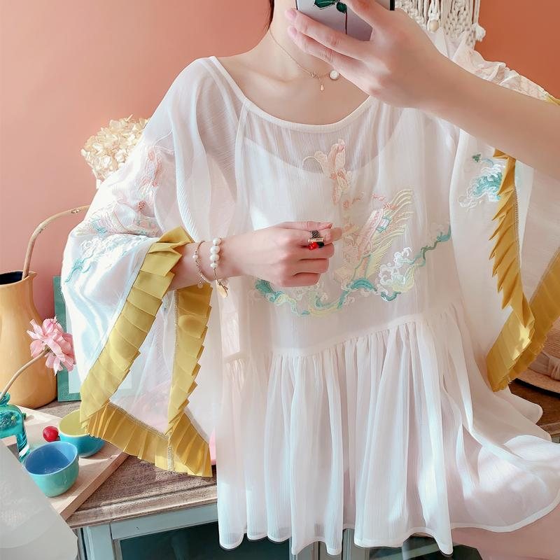 Vintage Court Løs Trompetermer Chiffonskjorte Med Flosset Broderi