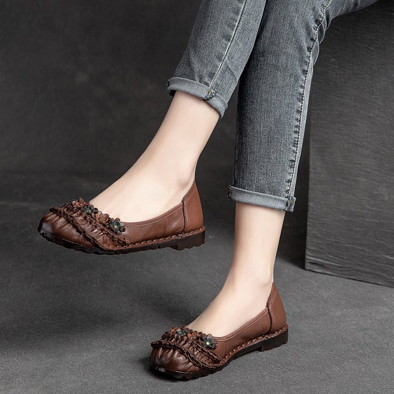 Dame Vår Sommer Vintage Floral Leather Casual Sko
