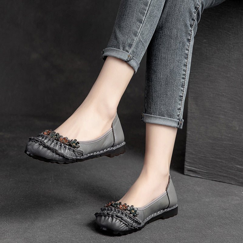 Dame Vår Sommer Vintage Floral Leather Casual Sko