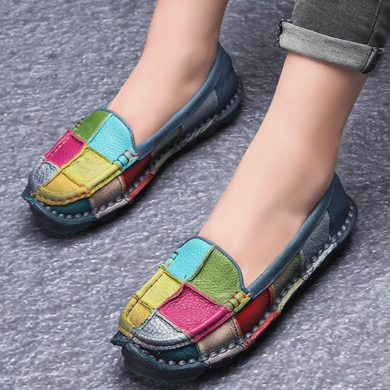 Retro Flerfarget Rutete Skinn Slip On Håndlagde Flate Loafers