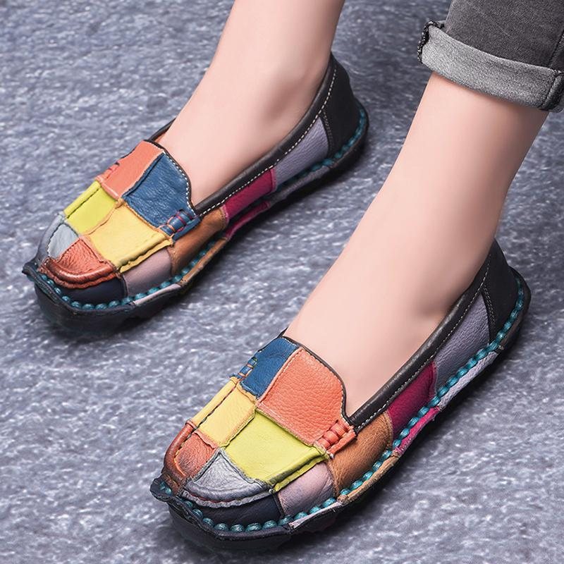 Retro Flerfarget Rutete Skinn Slip On Håndlagde Flate Loafers